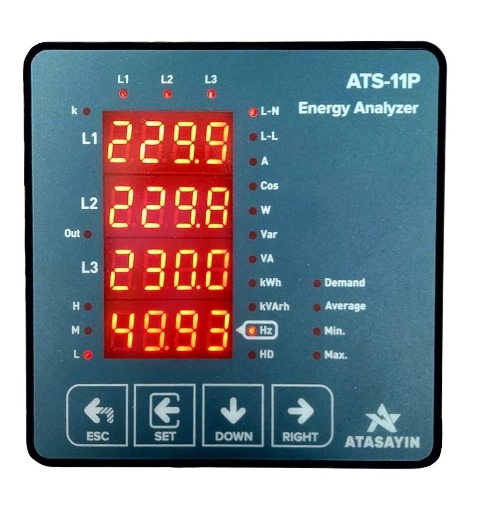 Atasayın ATS-11P enerji analizörü; ekranda L1-L2-L3 gerilim ve frekans değerleri.