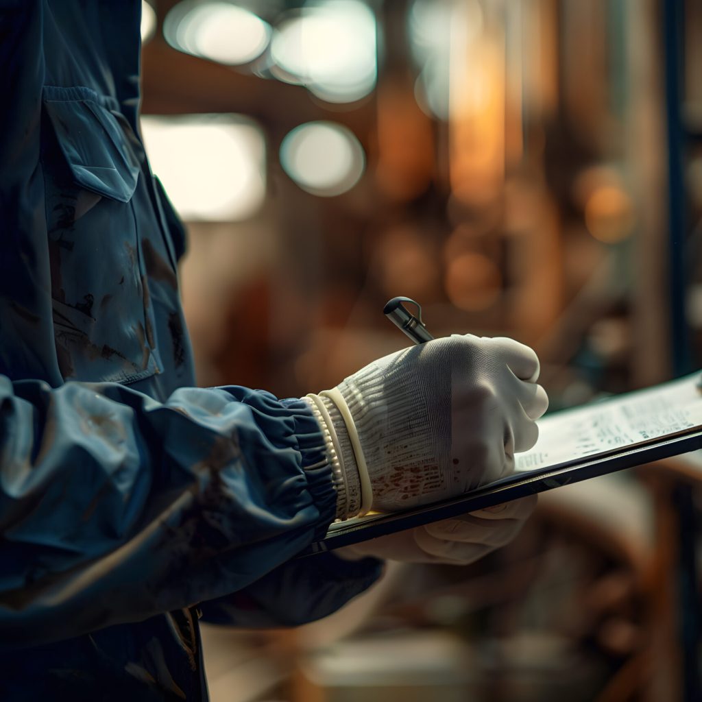 A person in protective clothing and gloves writing on a clipboard in an industrial setting.