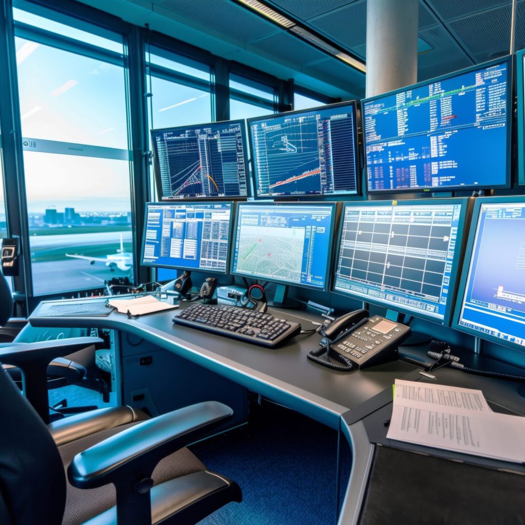A modern air traffic control room featuring multiple computer monitors displaying flight and radar data. The room has a clear view of a runway and control tower.